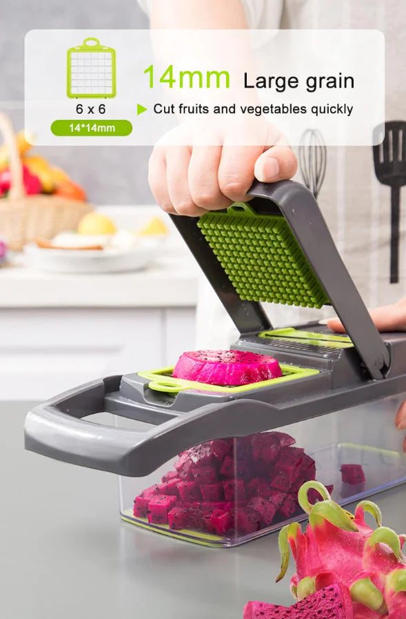 Vegetable chopper dicing fruit into the container