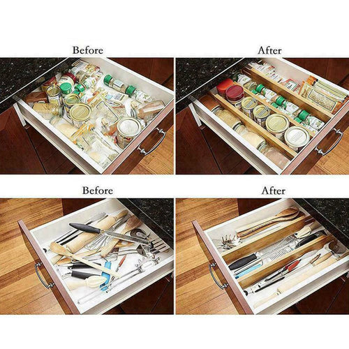 Before and after: cluttered kitchen drawer organized with bamboo dividers