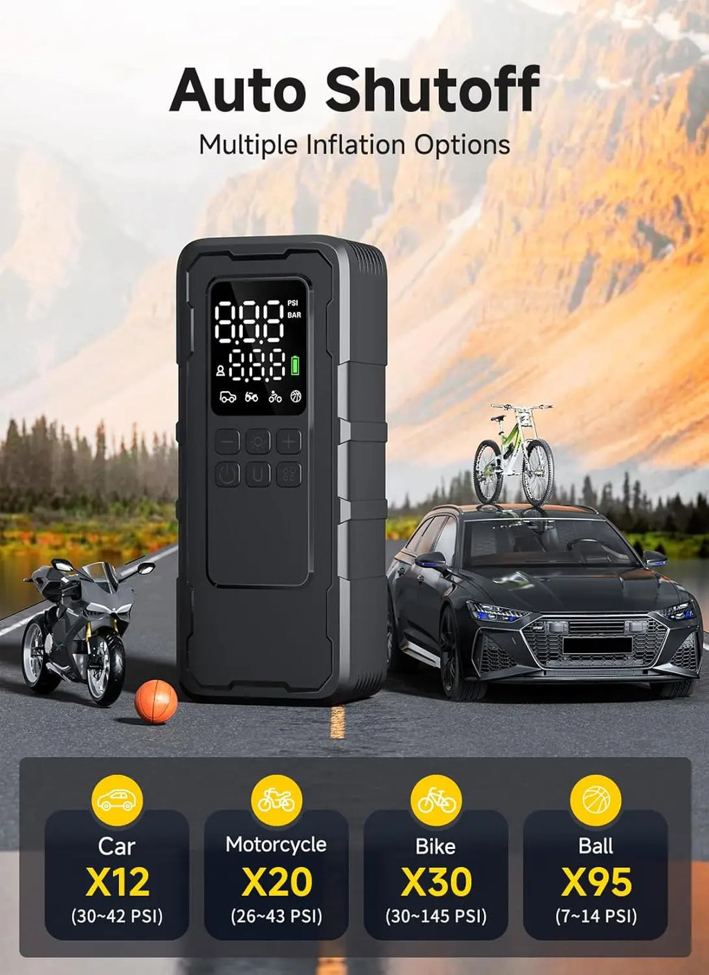 Tire inflator auto shutoff feature with car, motorcycle, bike, and ball inflation presets