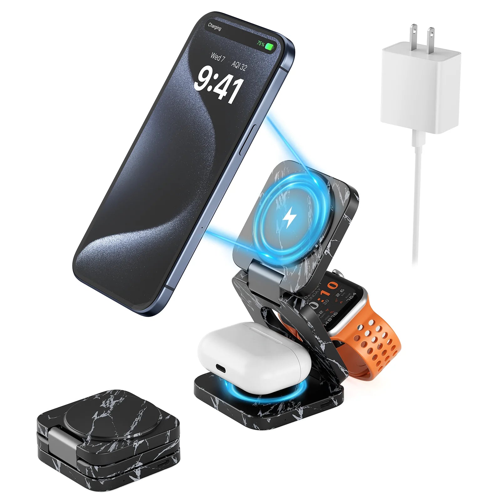 3-in-1 magnetic wireless charging stand with phone, earbuds and watch