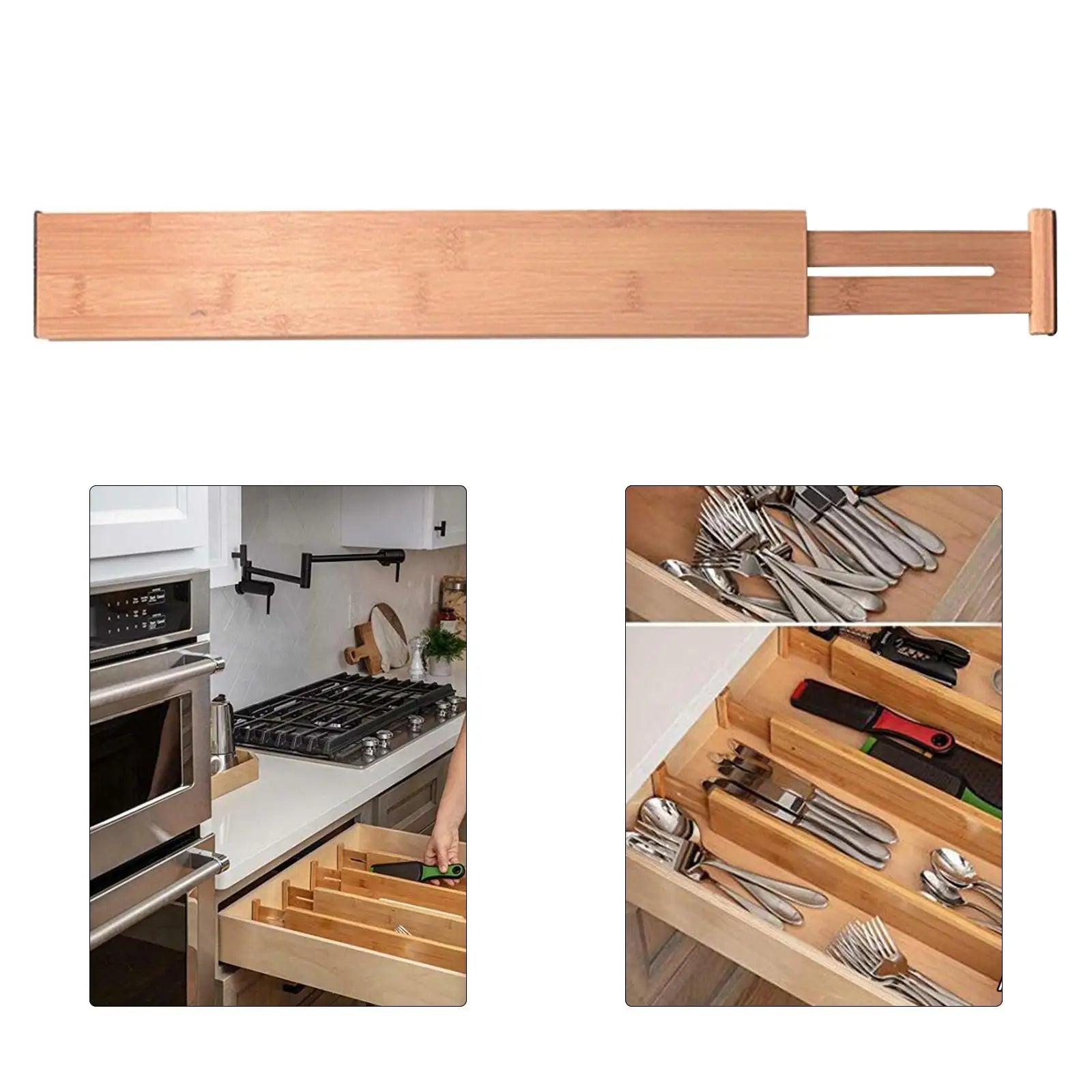 Adjustable bamboo spring-loaded drawer divider expanding to fit a kitchen drawer