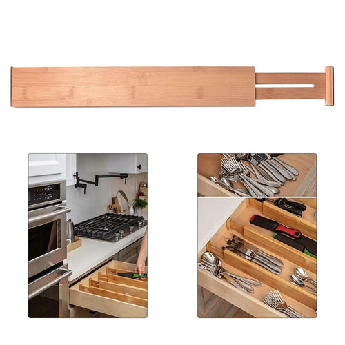Adjustable bamboo spring-loaded drawer divider expanding to fit a kitchen drawer