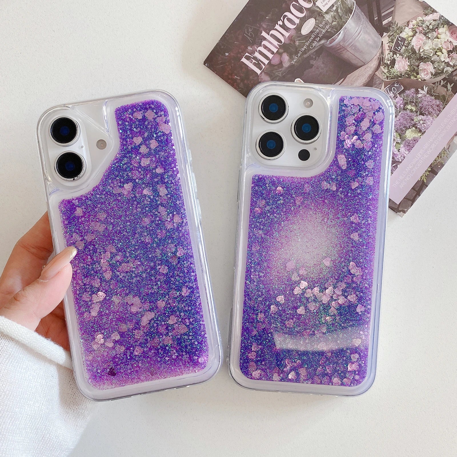 Glitter quicksand case shown on device