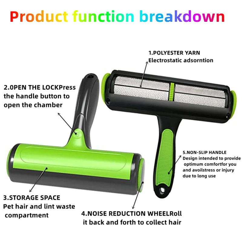 Pet hair remover roller feature diagram showing storage chamber and bristle roller