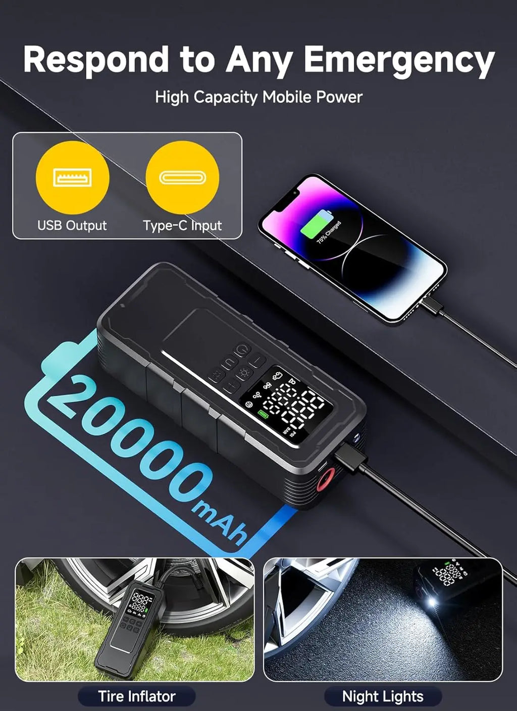 Tire inflator 20000mAh battery with USB output charging a phone