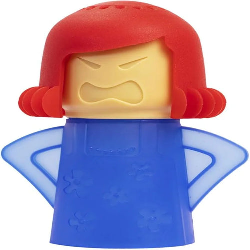 Angry Mama microwave steam cleaner, red and blue, hero shot on white background