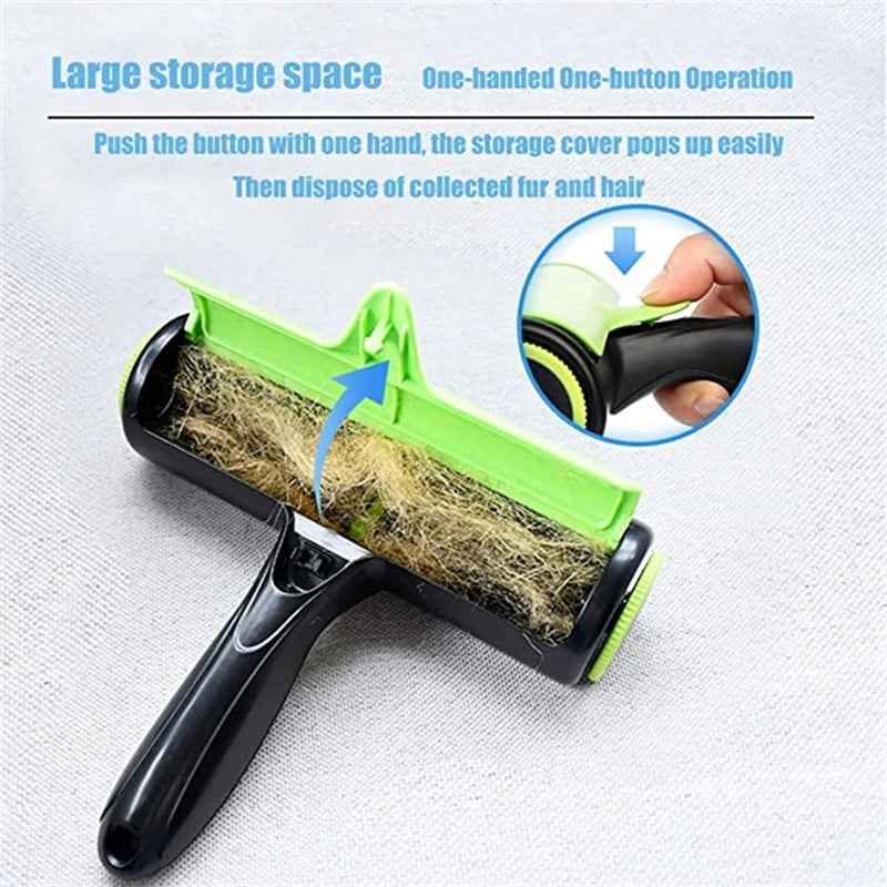 Close-up of pet hair roller collection chamber full of trapped pet fur