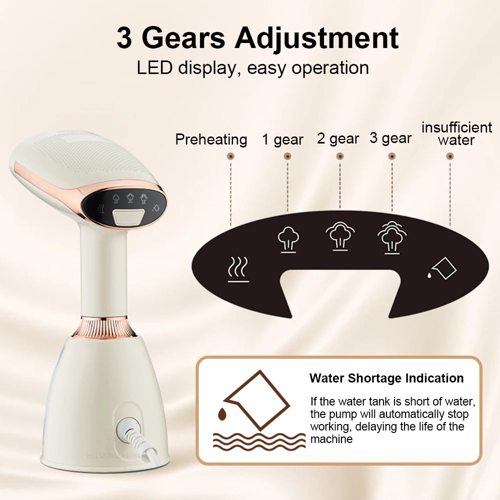 Garment steamer control panel showing 3 gear adjustment settings and LED display