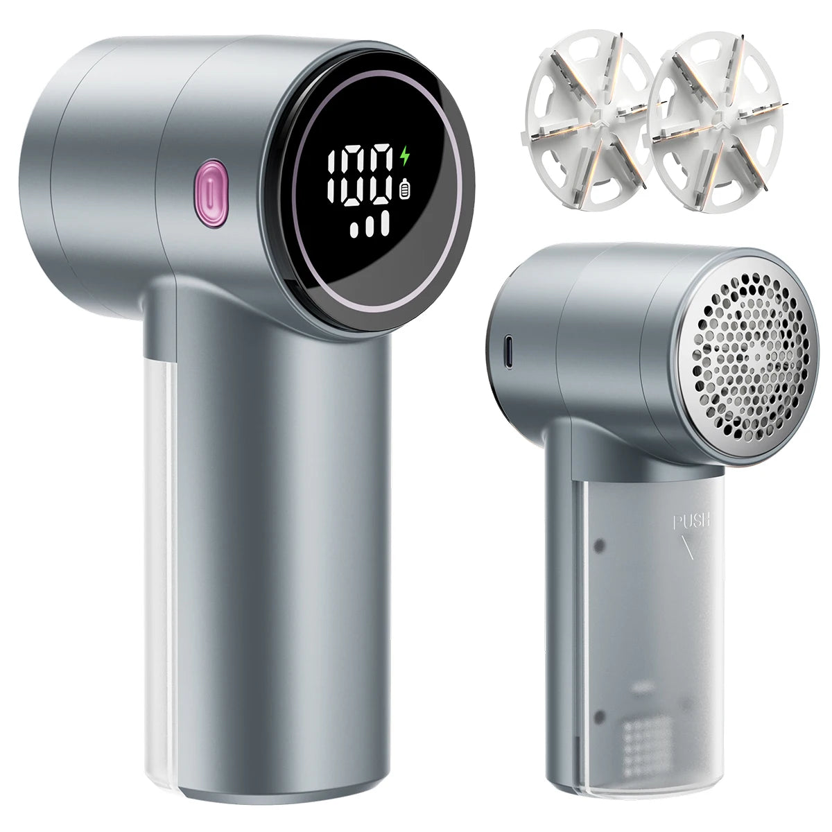 Rechargeable electric fabric shaver with two interchangeable head attachments