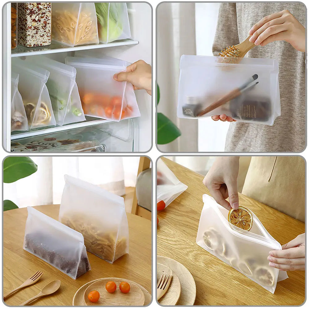 Reusable silicone food storage bags standing up in a refrigerator and holding pasta, herbs and produce