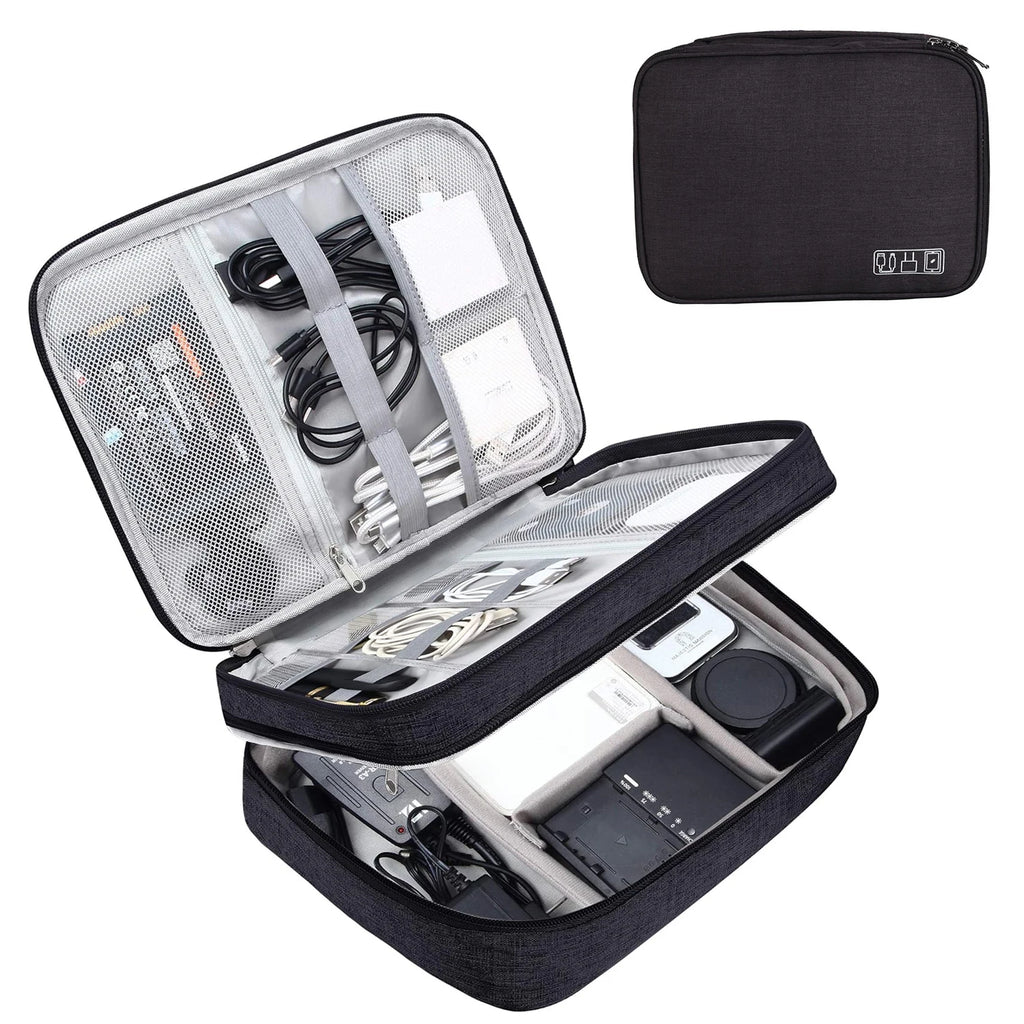 Travel cable organizer roll holding chargers and cords