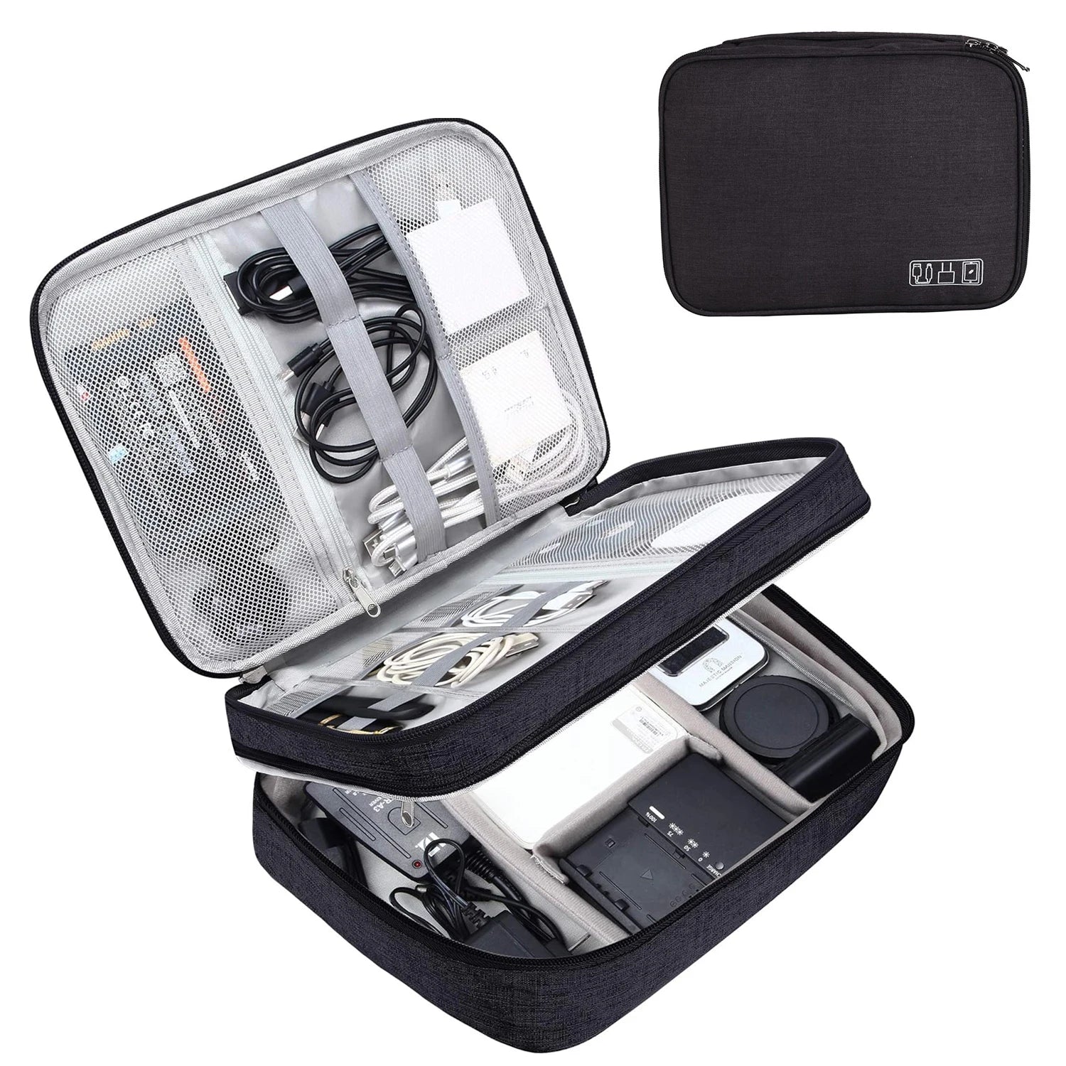 Travel cable organizer roll holding chargers and cords