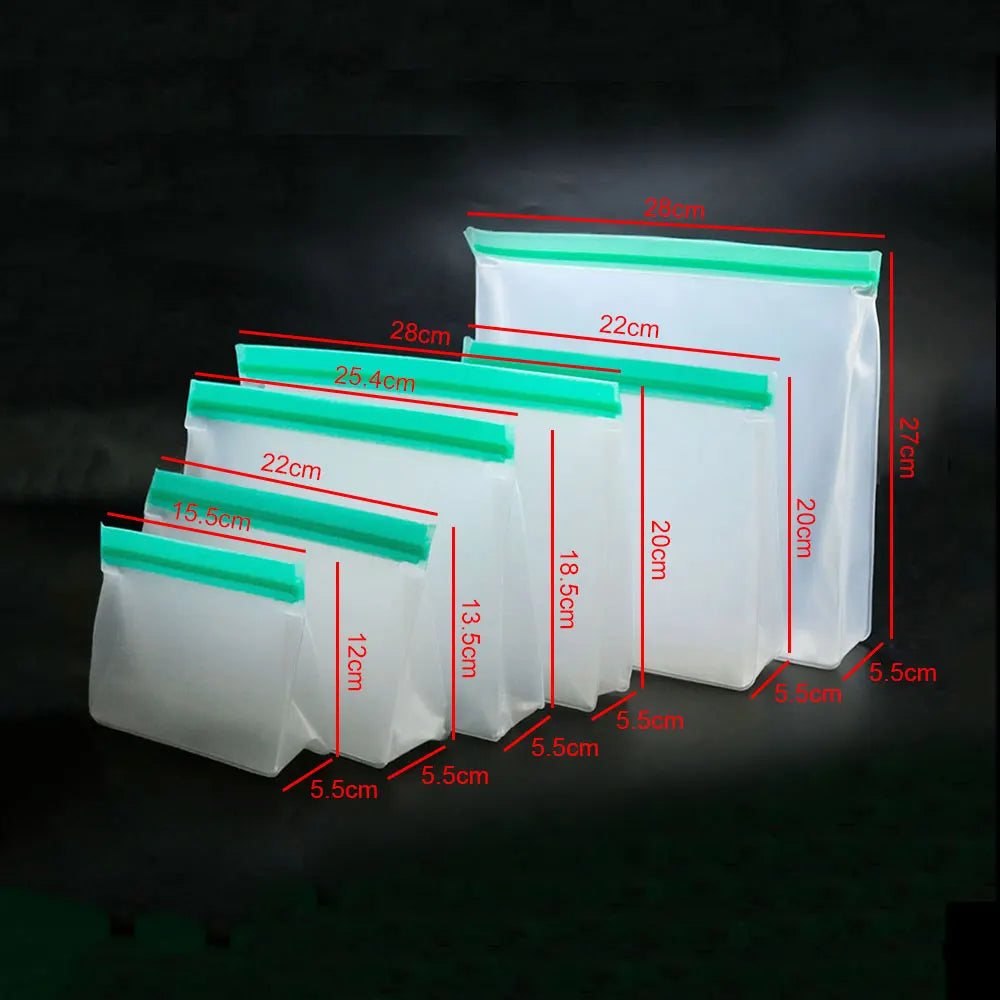 Size chart showing the five graduated dimensions of the silicone food storage bag set
