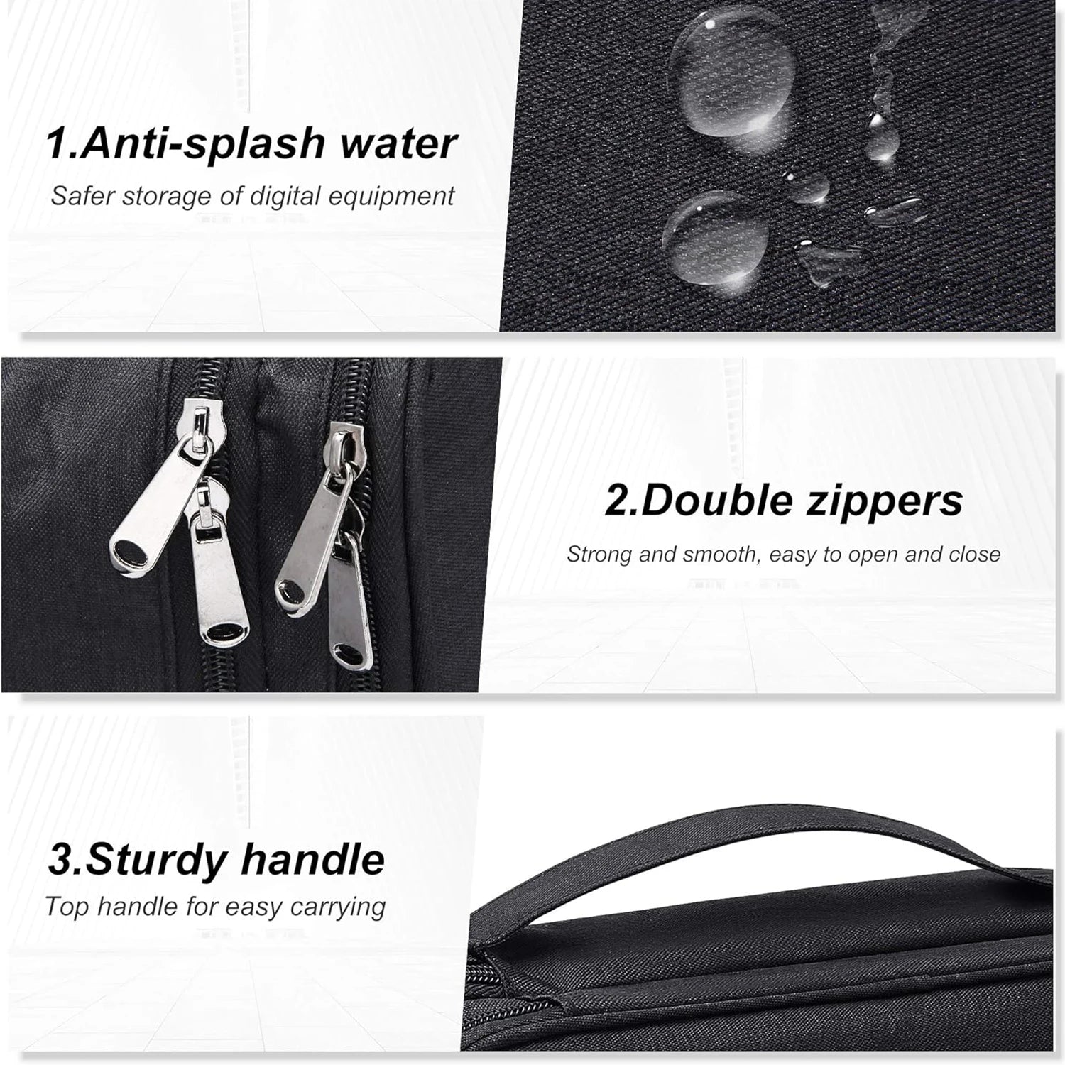 Cable organizer open showing labeled elastic loops and zip pouch