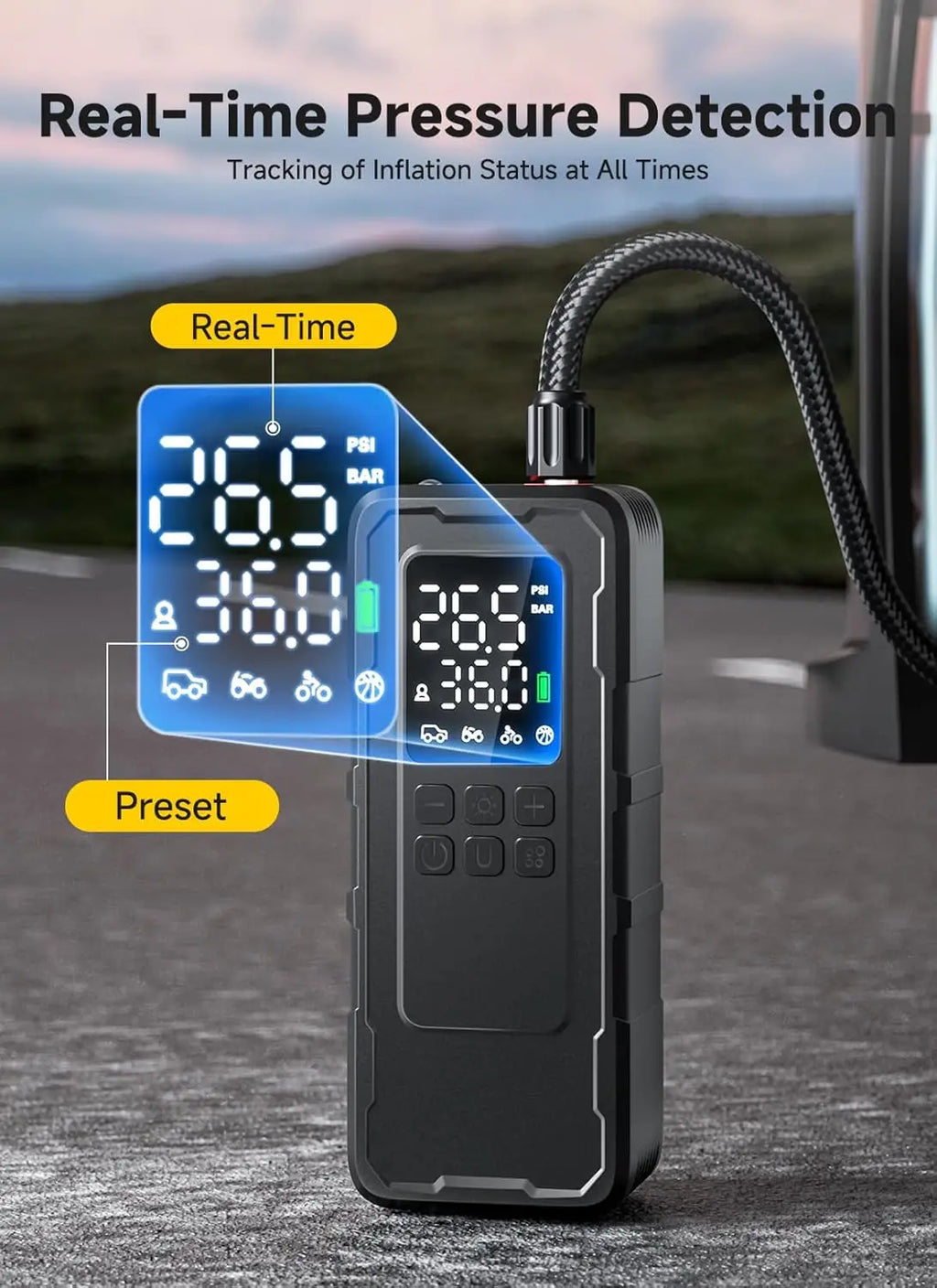 Tire inflator real-time precision PSI display showing 26.5 PSI reading