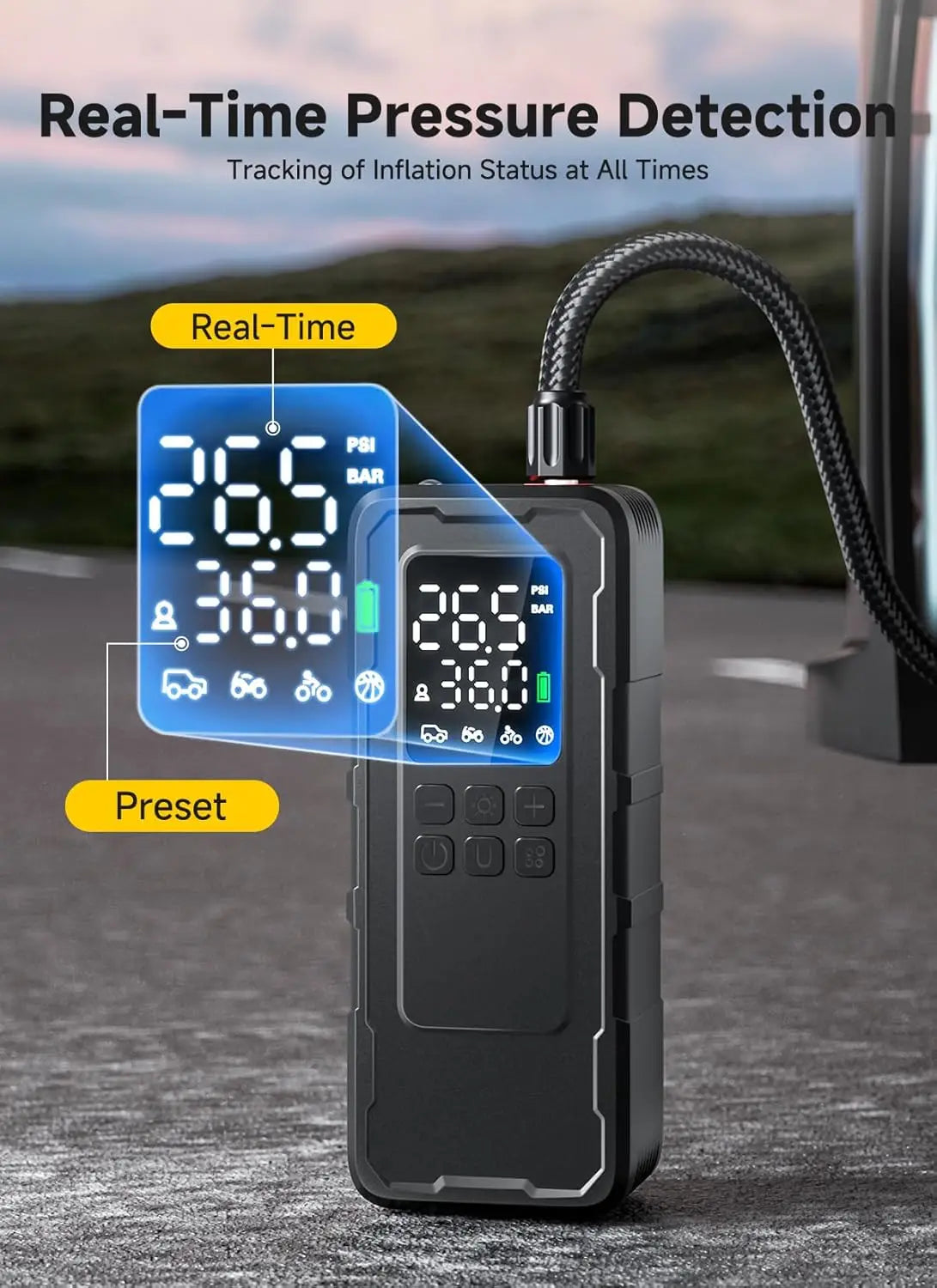 Tire inflator real-time precision PSI display showing 26.5 PSI reading