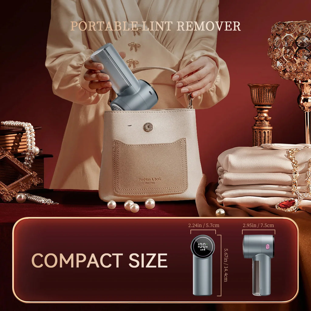 Compact portable lint remover shown next to size dimensions