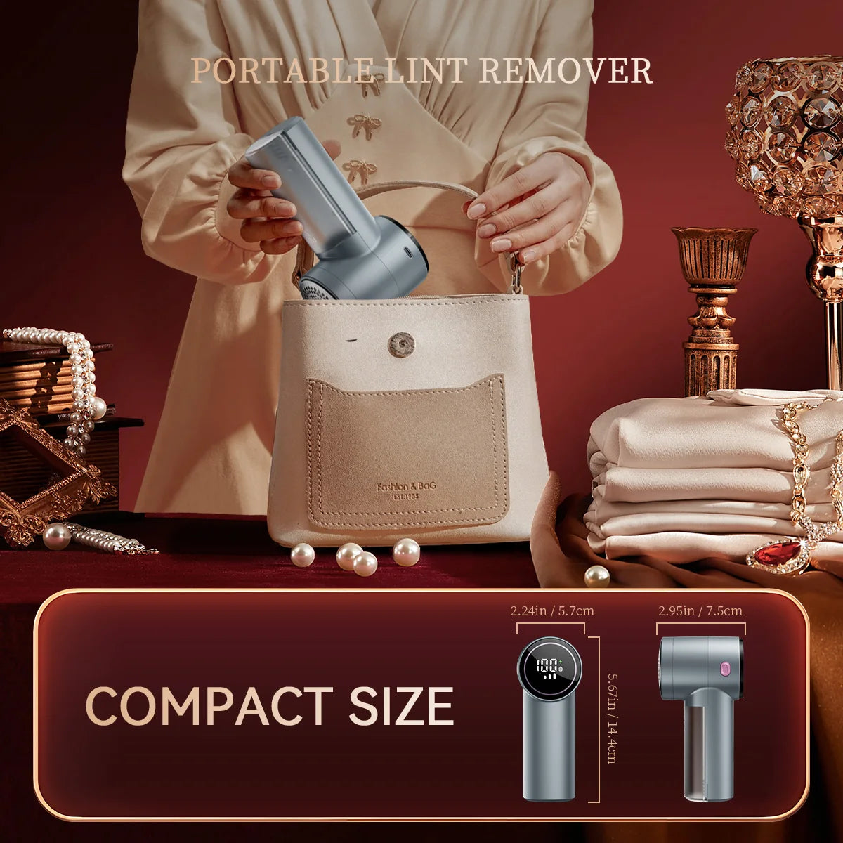 Compact portable lint remover shown next to size dimensions