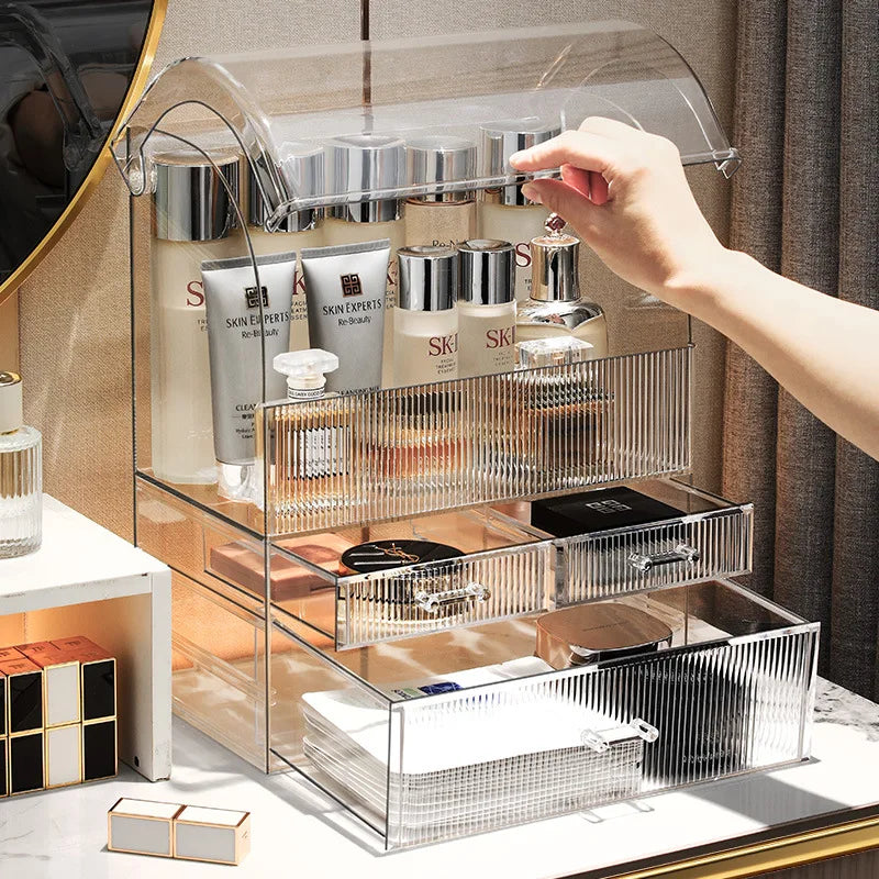 Acrylic cosmetic storage on a vanity