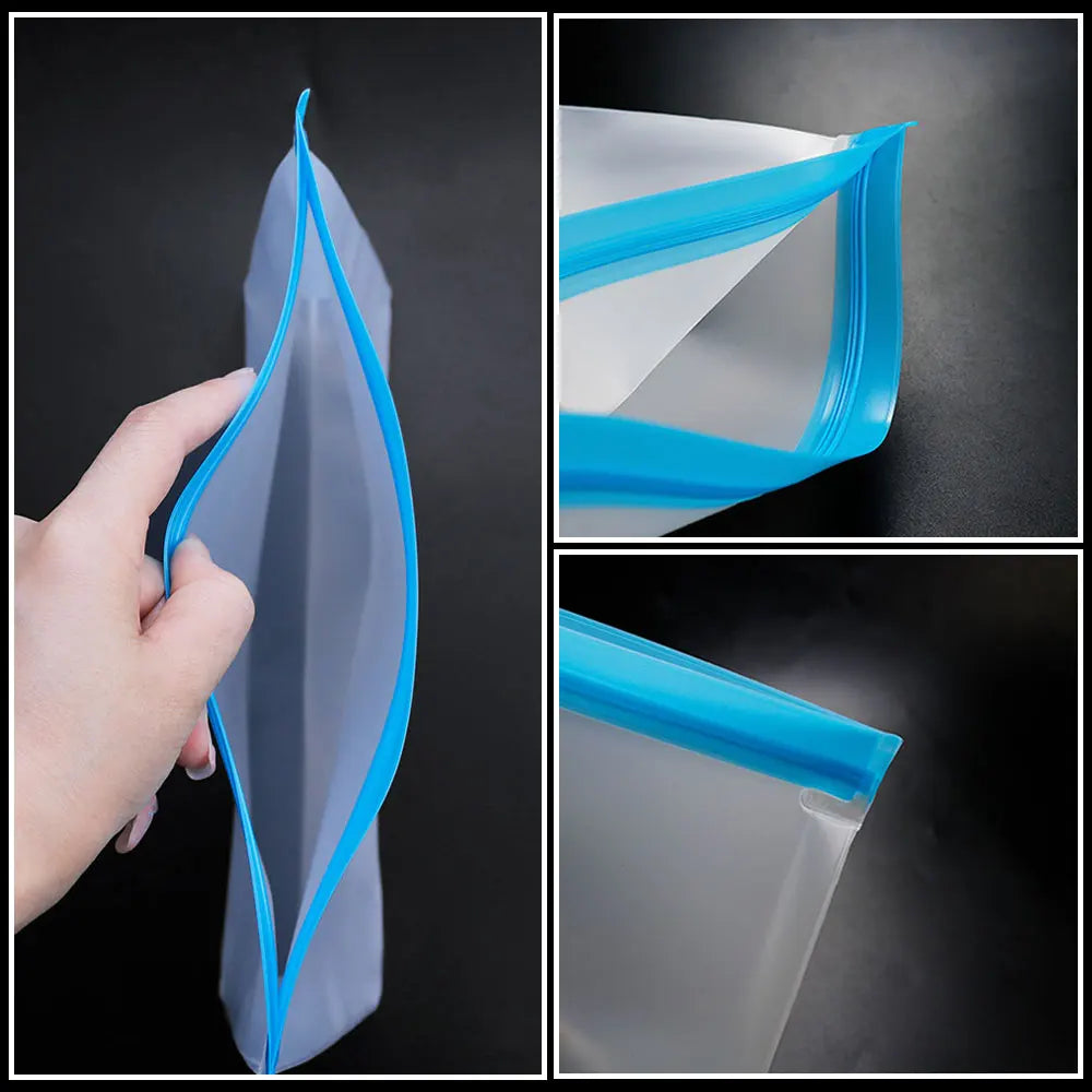 Close-up of the reinforced double-track silicone seal on a reusable food storage bag