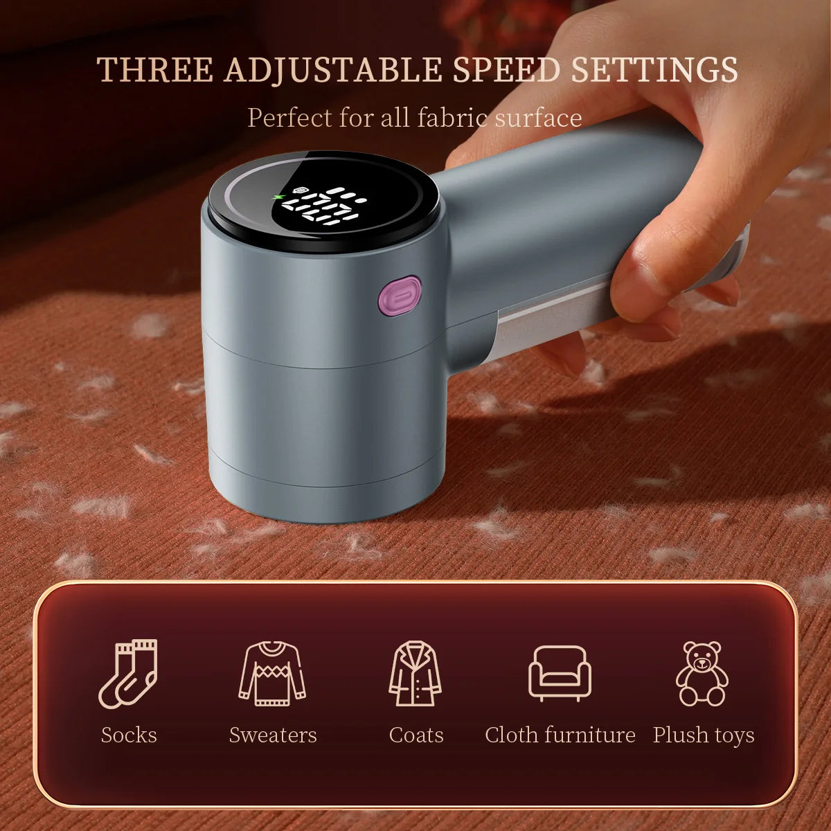 Electric fabric shaver removing lint and pills from a couch cushion