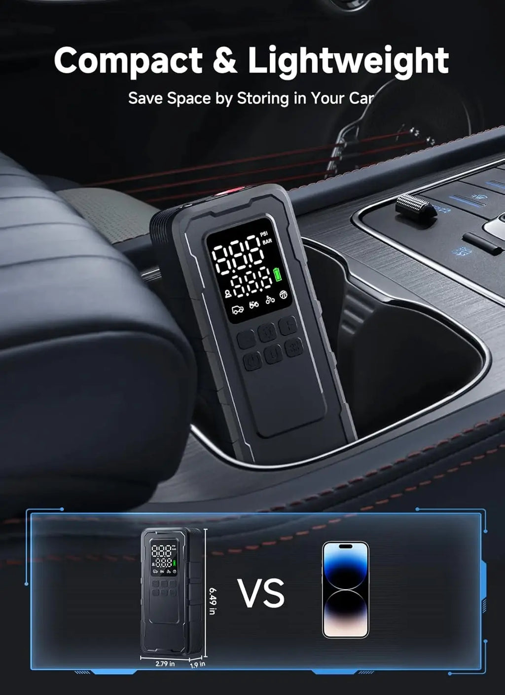 Compact cordless tire inflator stored in car cupholder next to phone for size comparison