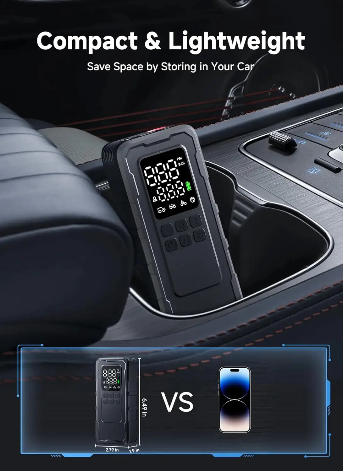 Compact cordless tire inflator stored in car cupholder next to phone for size comparison