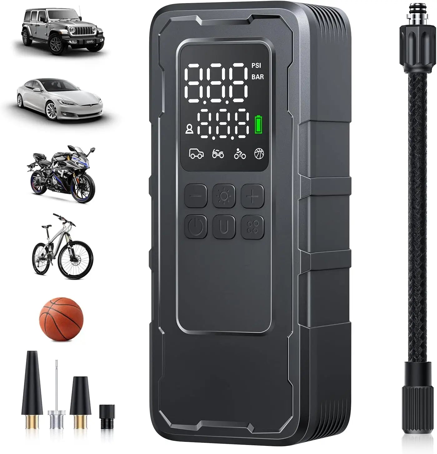 Cordless digital tire inflator with 4 nozzle adapters for car, motorcycle, bike, and ball