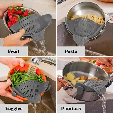 Clip-on strainer used for fruit, pasta, veggies, and potatoes
