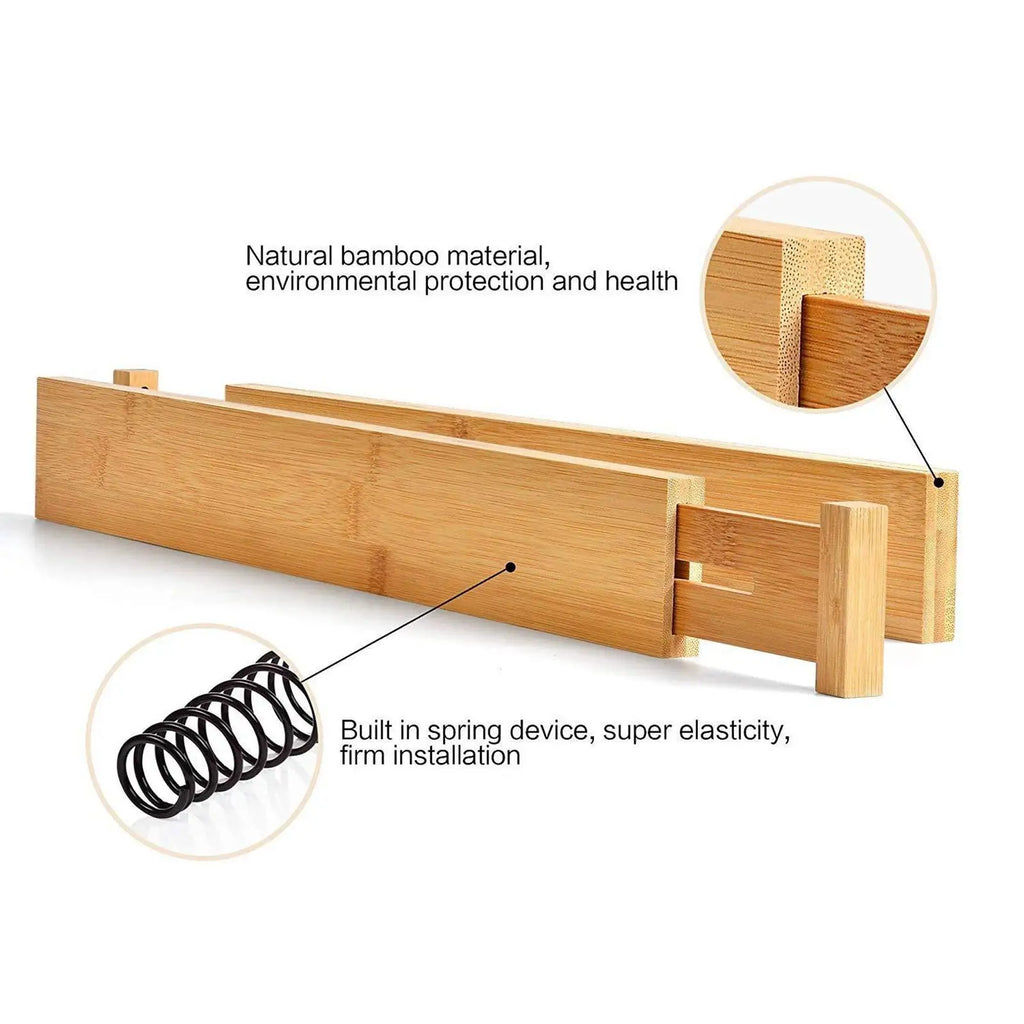 Natural bamboo drawer divider with built-in spring tension detail