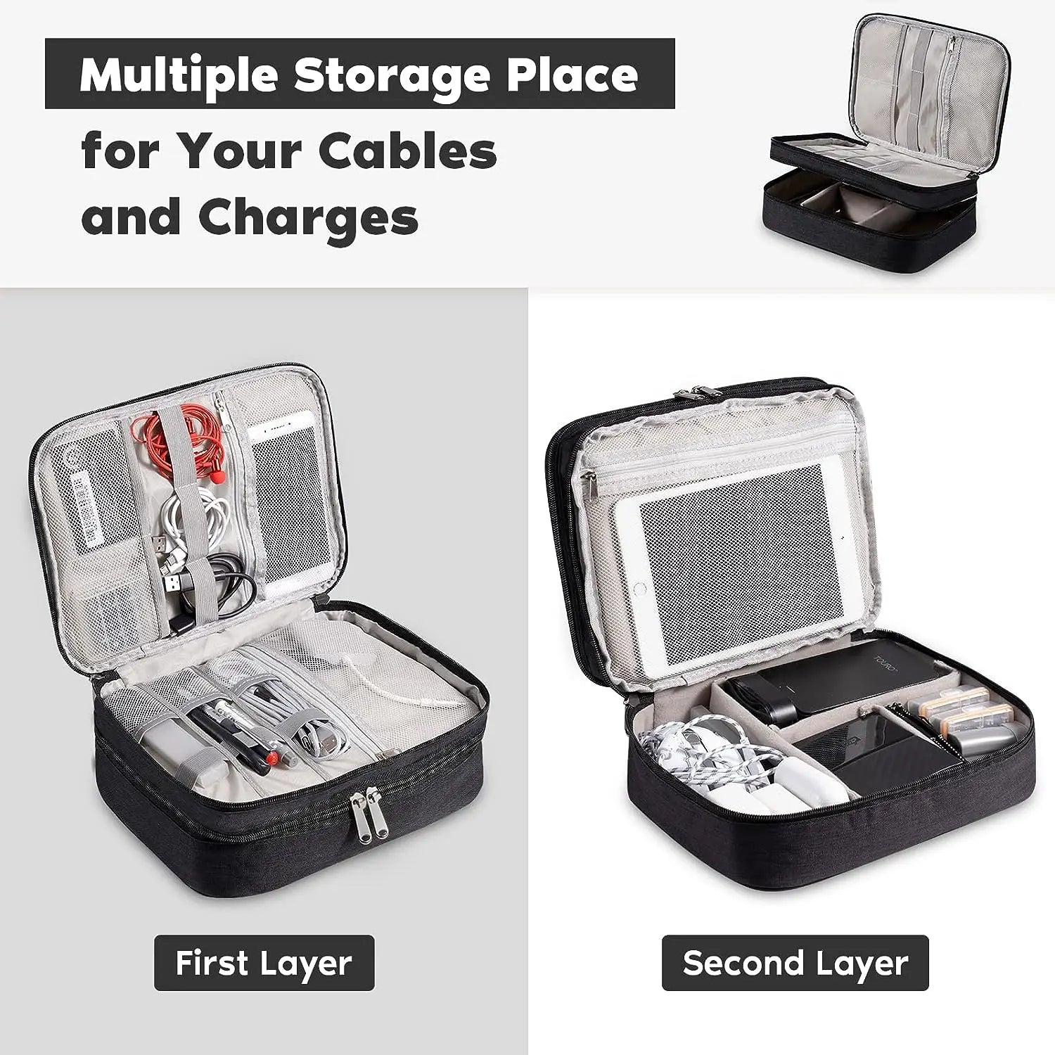 Tech accessories organized in travel pouch