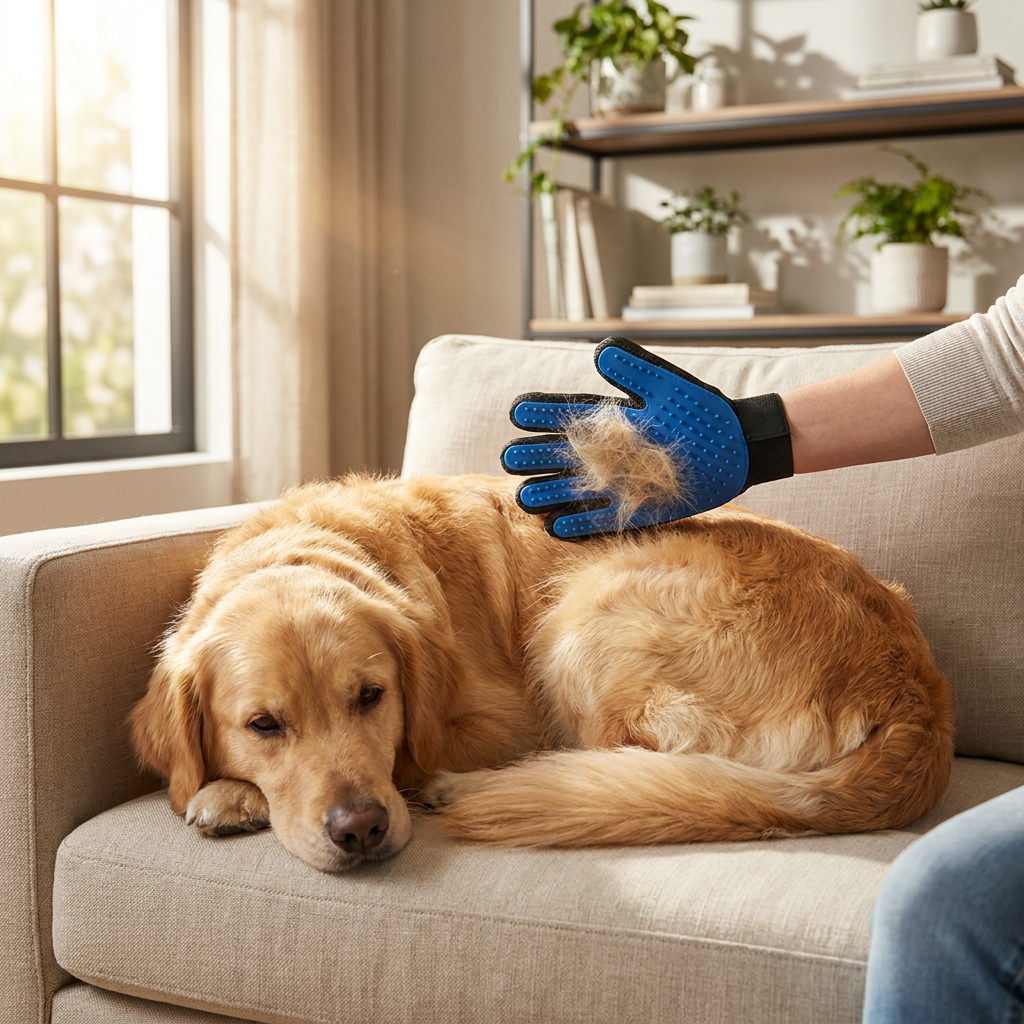 Blue silicone pet hair remover glove brushing a golden retriever on a living-room sofa