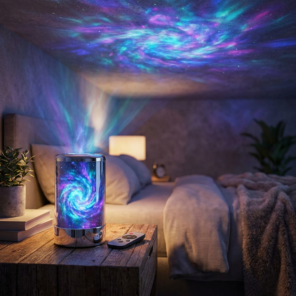 3D holographic LED galaxy star projector glowing in a dark bedroom, nebula projected across the ceiling