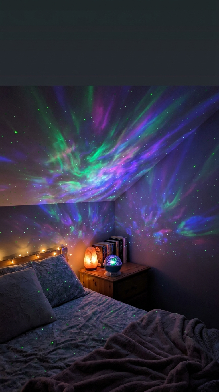 Nebula and stars projected across a dark room