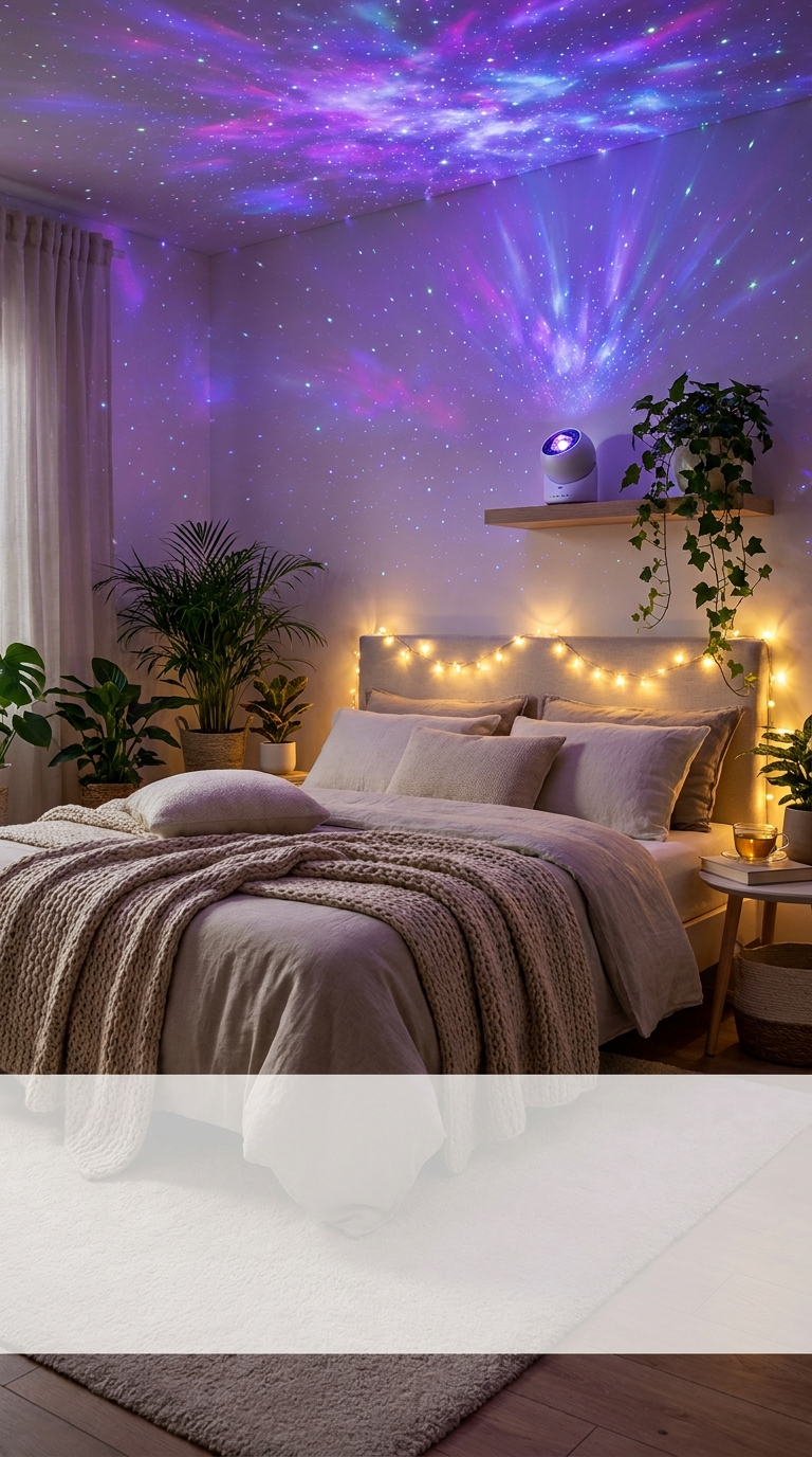 Galaxy projector lighting up a cozy bedroom ceiling