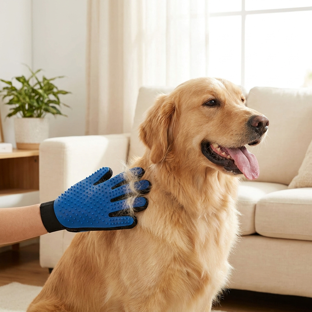 Blue silicone pet grooming glove brushing loose fur off a happy pet