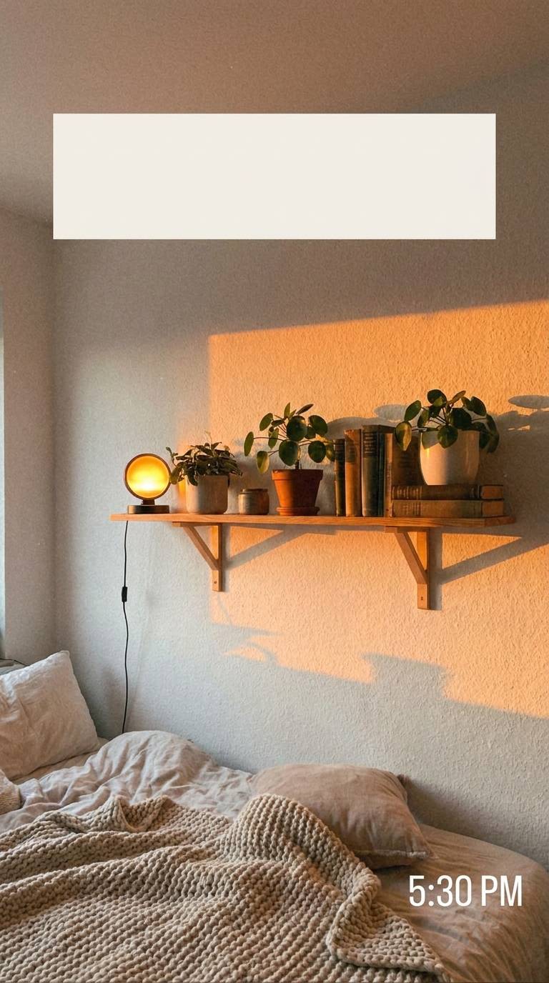 Sunset lamp glowing warm orange across a cozy bedroom wall