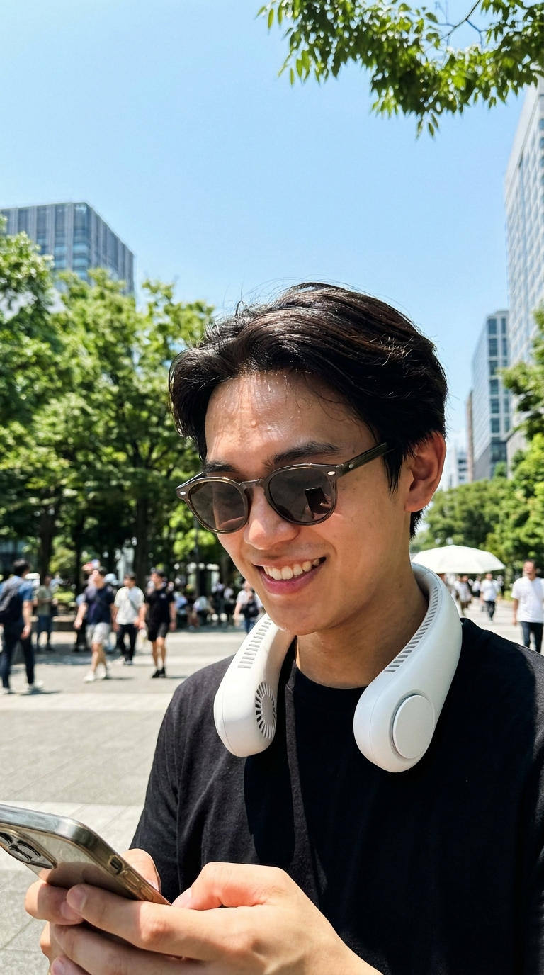 Person wearing a bladeless neck fan staying cool outdoors