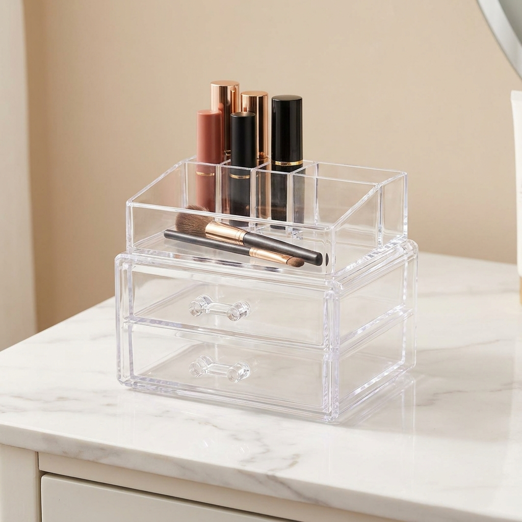 Compact clear acrylic makeup organizer with small drawers holding lipsticks and brushes on a vanity