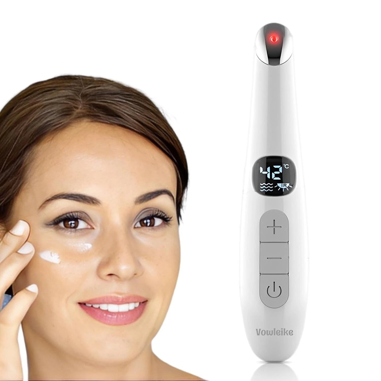 3-in-1 under-eye massager wand with cooling metal tip, in use on face
