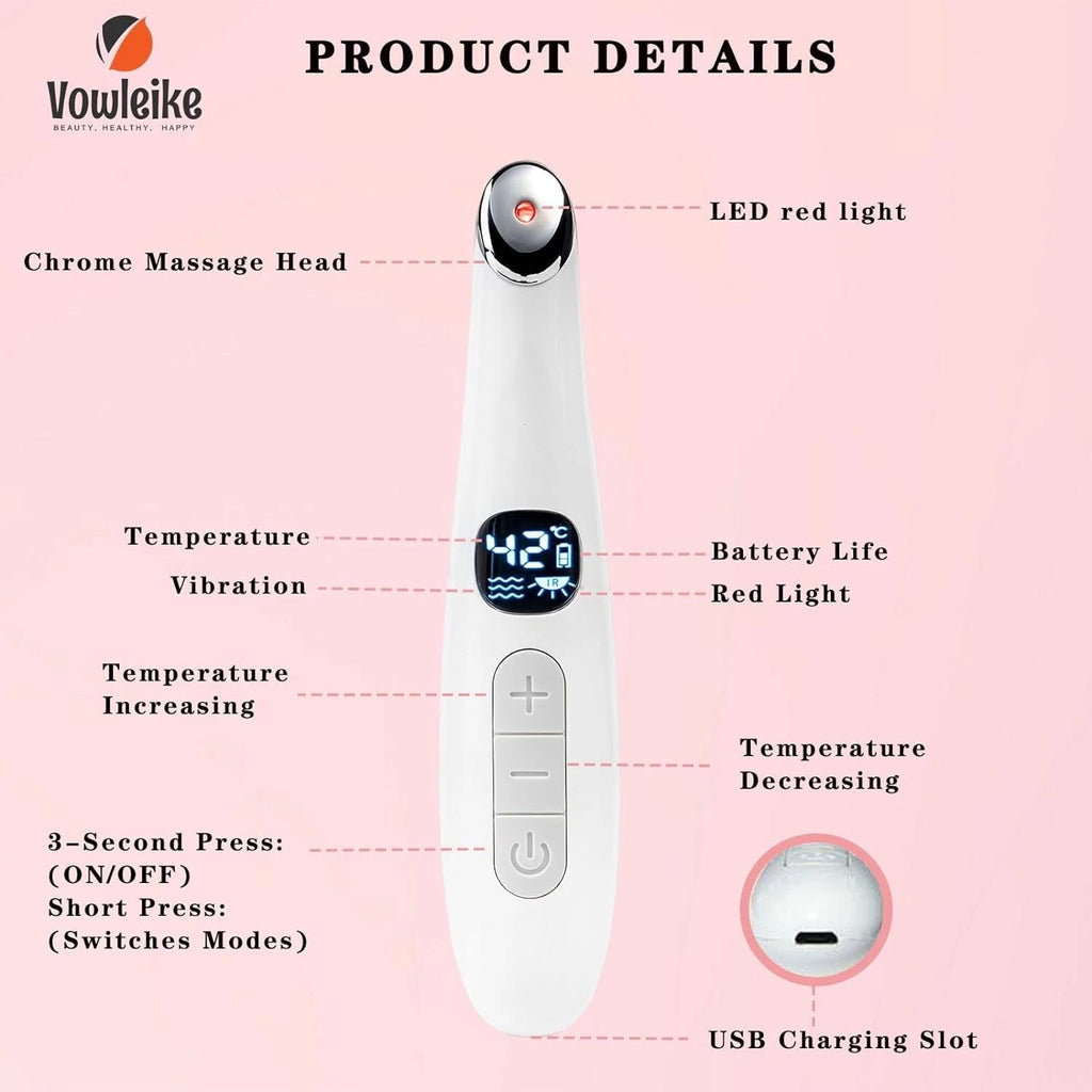 3-in-1 under-eye massager wand product detail diagram showing chrome head, display, and controls