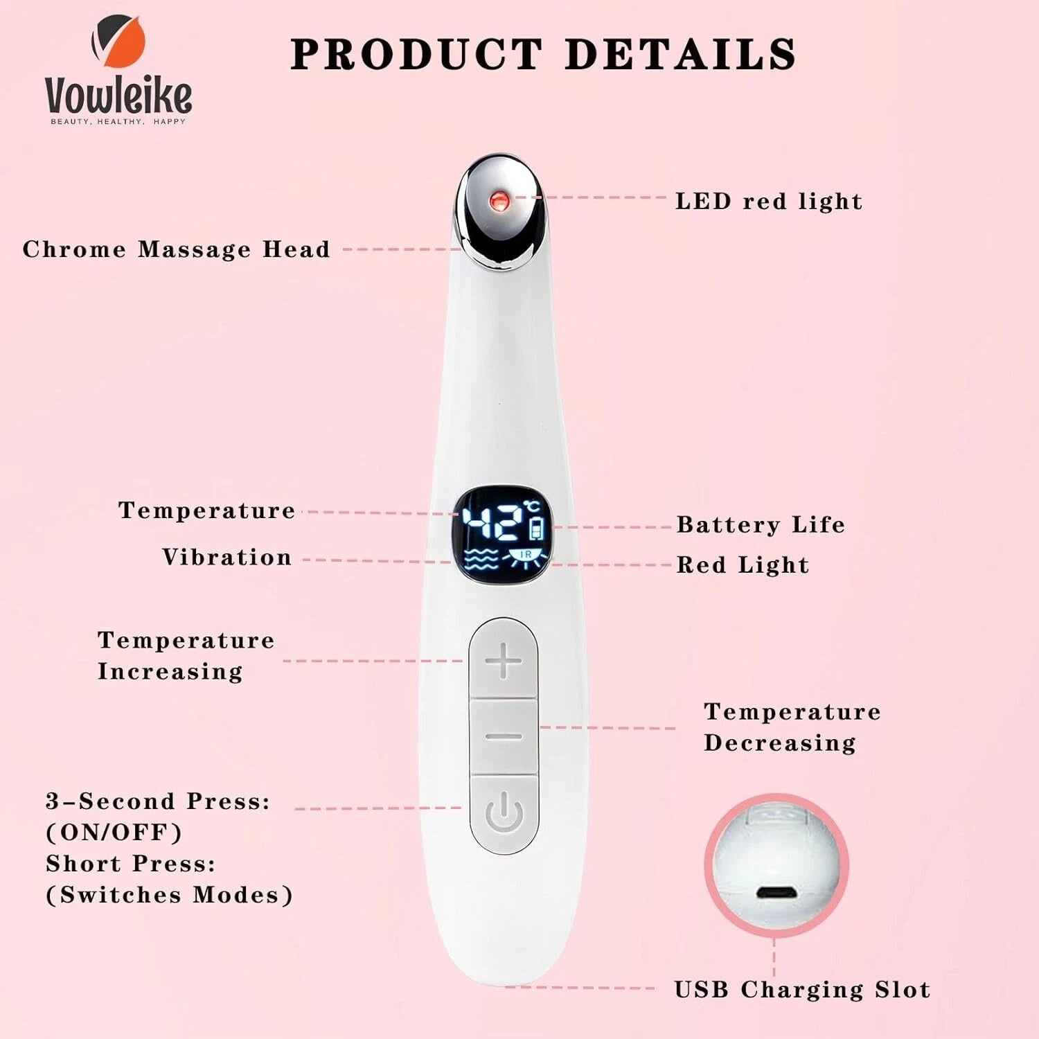 3-in-1 under-eye massager wand product detail diagram showing chrome head, display, and controls