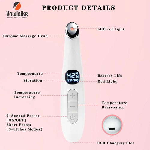 3-in-1 under-eye massager wand product detail diagram showing chrome head, display, and controls